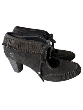 BORN Dark Brown Suede Leather Mary Jane Pumps Shoeties Moccasin Fringe Tie Sz 8